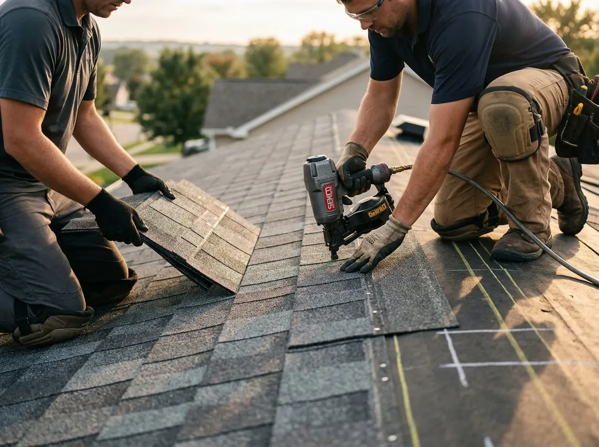 Professional roofer working on a residential roof in Albemarle